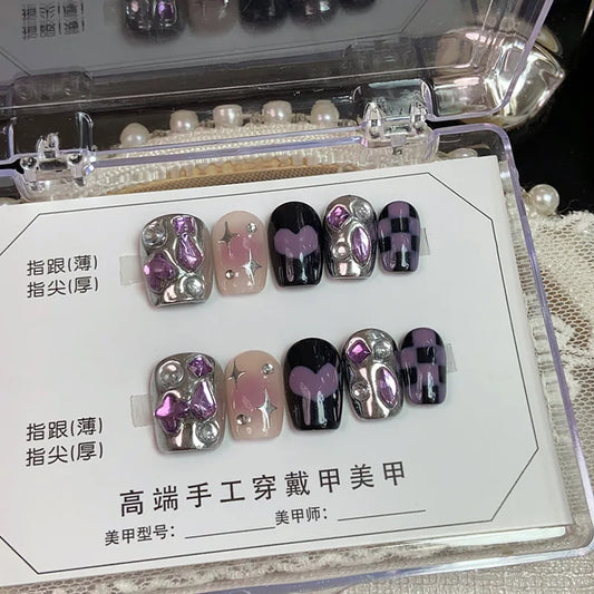 10Pcs Short Square Ballet Handmade Press on Nails Full Cover Gradient Purple Design French False Nails Artificial Manicure Nails
