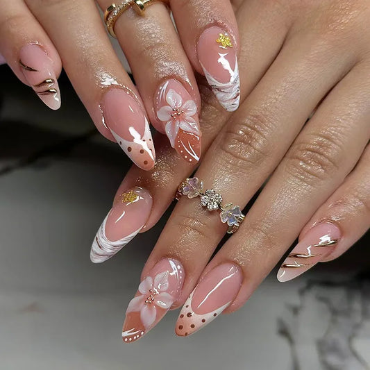 24Pcs Mid-length Almond Fake Nails Press on French Red Cat's Eye Cherry False Nails Bow Heart Pearl Reusable Full Cover Nail Tip