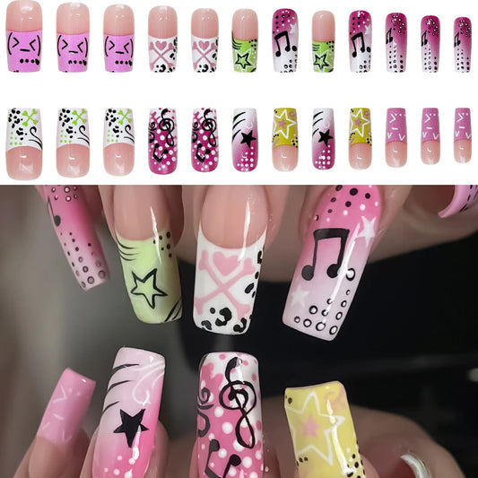 24pcs Y2K girl style Fake Nails Musical Note Star Pattern Long Coffin False Nails Wearable Spicy Girls Ballet Press on Nails