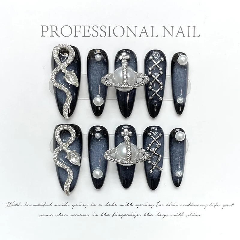 10pcs Dark Black Y2k Hot Girl Handmade Press On Nails Sweet Cool With Diamond Metal Decoration Wearable Artificial False Nail