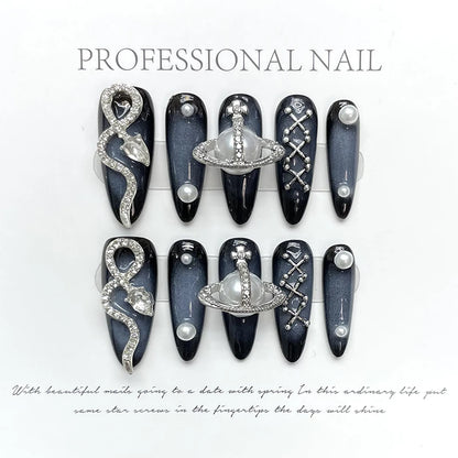 10pcs Dark Black Y2k Hot Girl Handmade Press On Nails Sweet Cool With Diamond Metal Decoration Wearable Artificial False Nail