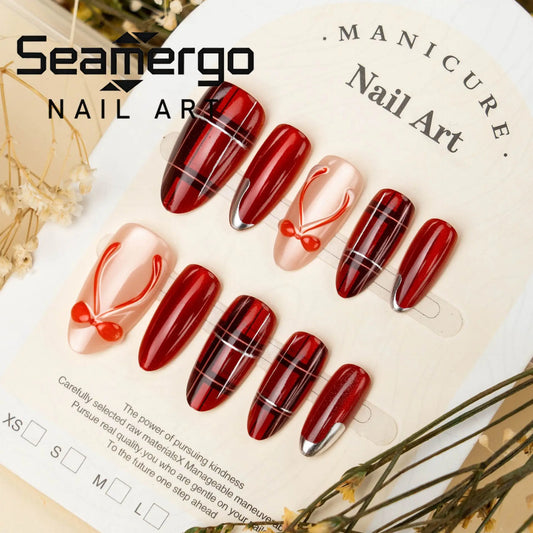 24PCS Red 3D Bow Cat Eye False Nails with Almond Shape Glossy Valentines Day Press on Nails High End Sweet Cool Style Nail Art