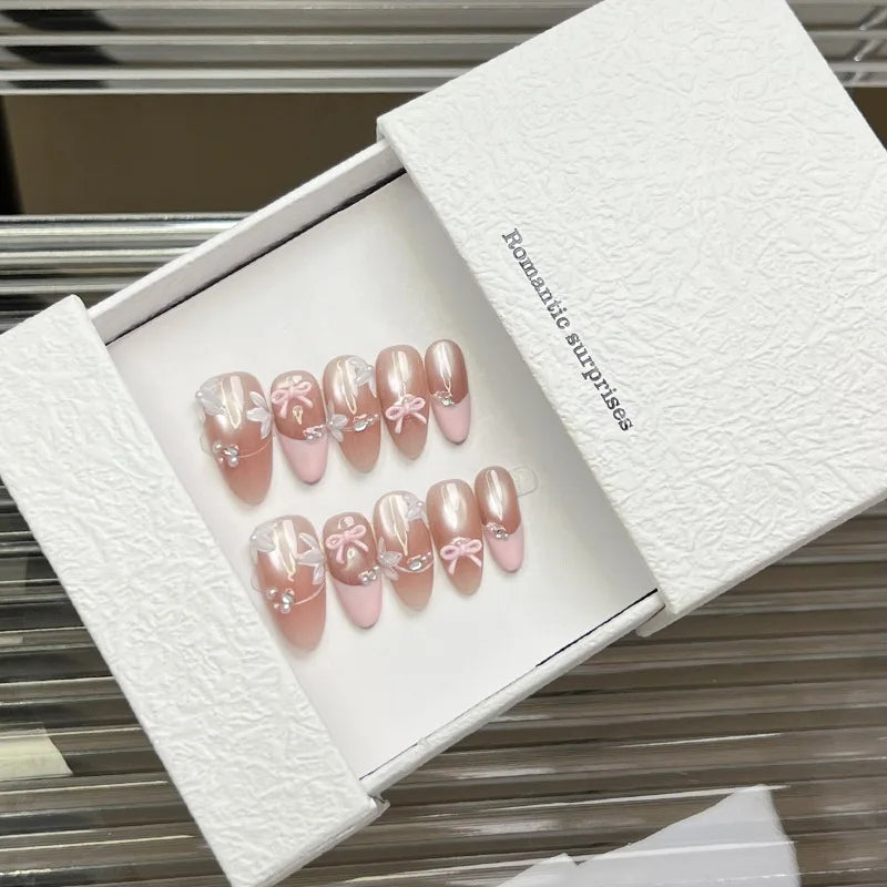 Ribbon – Bow Cat Eye French Almond Press-On Nails
