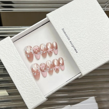 Ribbon – Bow Cat Eye French Almond Press-On Nails