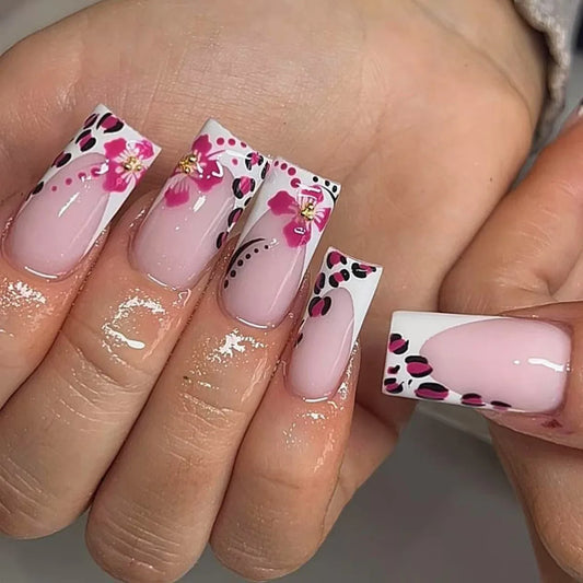 24pcs Flower Press on Nails Art Reusable White Leopard Print French Square Head False Nails Art Mid-length Ballet Fake Nail Tips