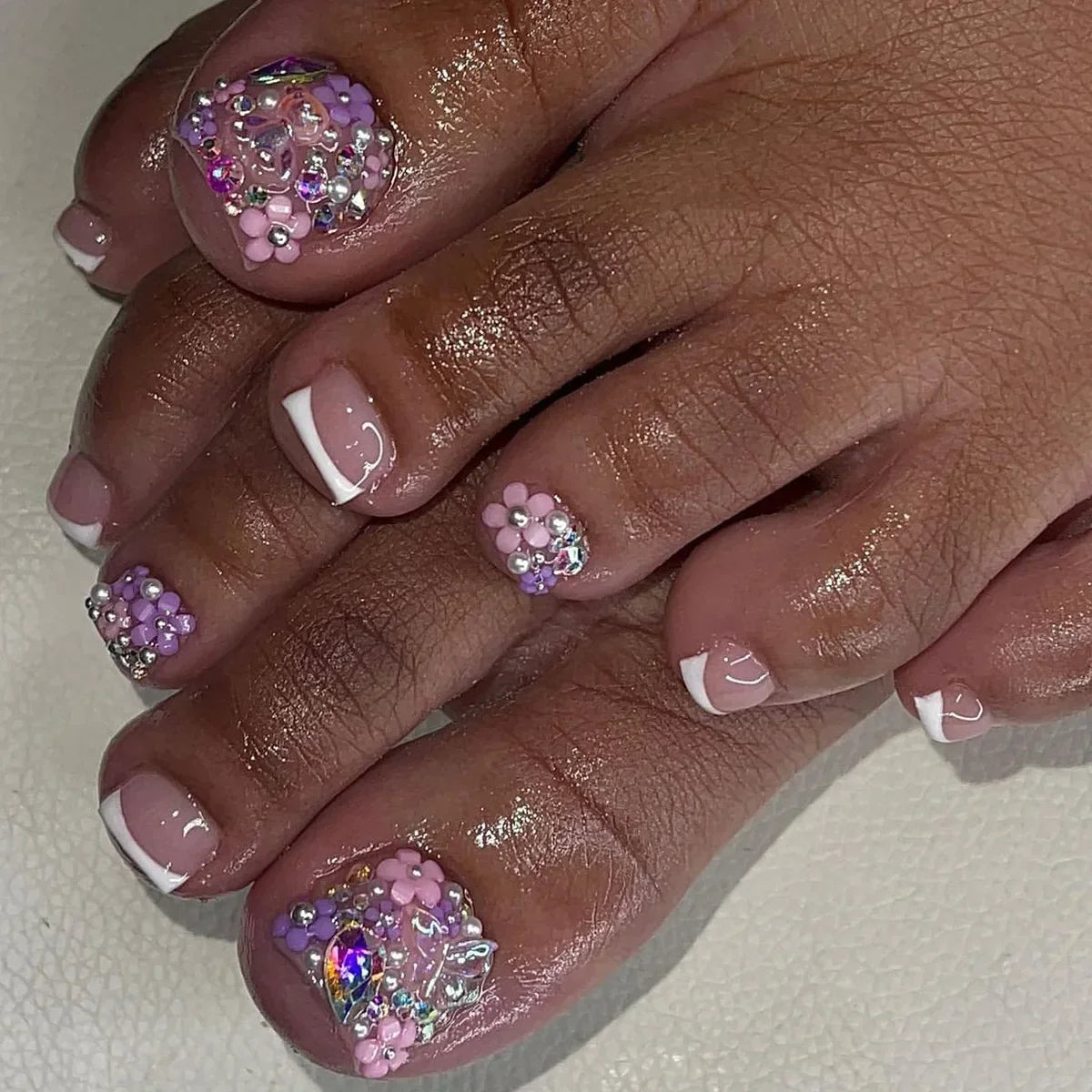 Fashion Leopard French Nude Pink Toenail Art Simple Wearable Fake Toenails Detachable Toe False Nails Press on Nails with Glue