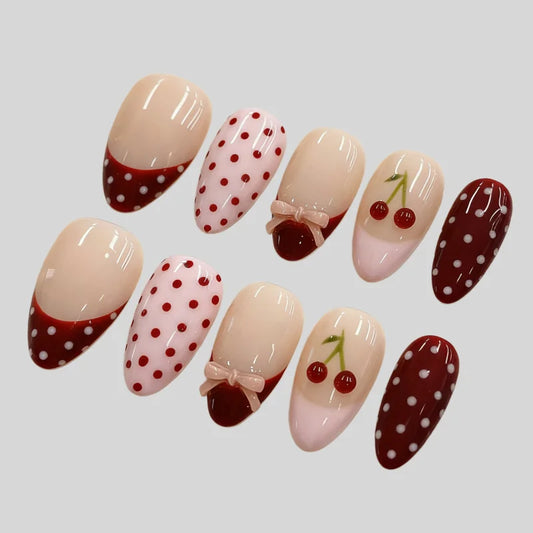 30Pcs Fake Nails Sweet Pink French Polka Dots Bows and Playful Cherries—Press-On Nails Perfect as Gifts for Girls and Friends