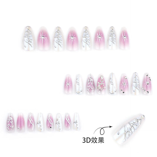 24pcs Blush Pink Almond Fake Nails Y2k Punk Style Silver Butterfly Star Decor Press On Nail Smudging Purple Sweet Cool Nail Tip
