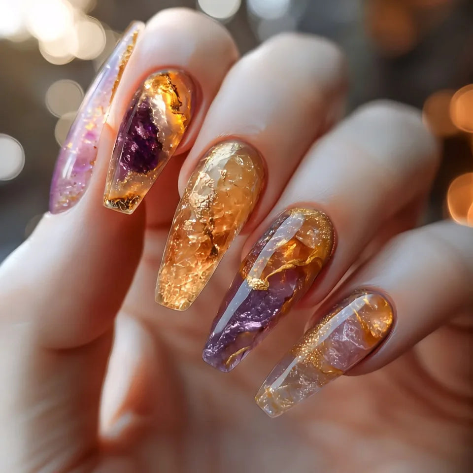 24Pcs Mid-length Ballet Press on False Nails with Pueple Gold Smudge Design Fake Nails Detachable Finished Full Cover Nails Tips