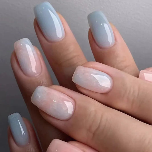 24pcs Gradient Blue Nails Set Press on Simple Short Ballet Fake Nails Tips Marble Texture Design False Nail Solid Color Manicure