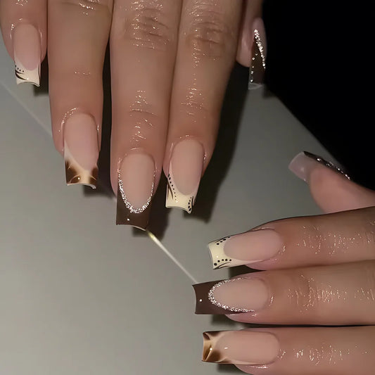 24Pcs Mid-length Square Head Fake Nails Brown Smudge French Press on False Nails Shiny Powder Detachable Full Cover Nails Tips