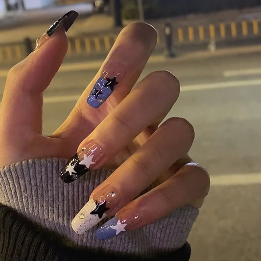 24pcs Star Print Sweet Cool False Nails Black Purple French Fake Nails Full Cover Long Ballet Spice Girl Press on Nails Wearable