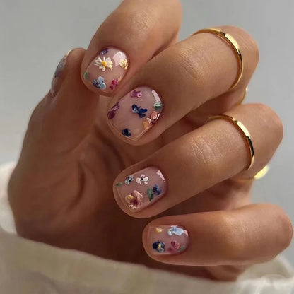 24pcs Wearable Full Cover Nail Ins Colorful Flower Design Stick on False Nails Short Square Press on Nails Nude Pink Fake Nail