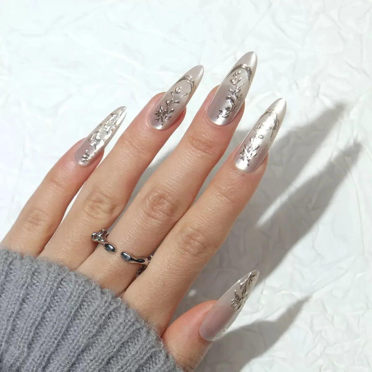 24Pcs Light Blue Smudge Fake Nails Press on Almond Gold Leaf Removable Long Full Cover Nail Tips Wearable Finished Nail Art