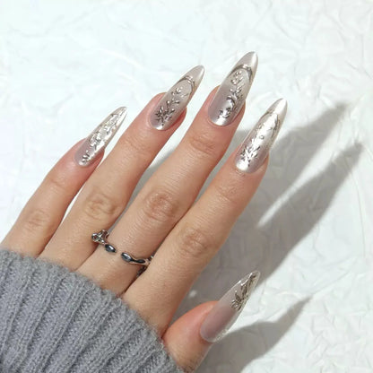 24Pcs Light Blue Smudge Fake Nails Press on Almond Gold Leaf Removable Long Full Cover Nail Tips Wearable Finished Nail Art