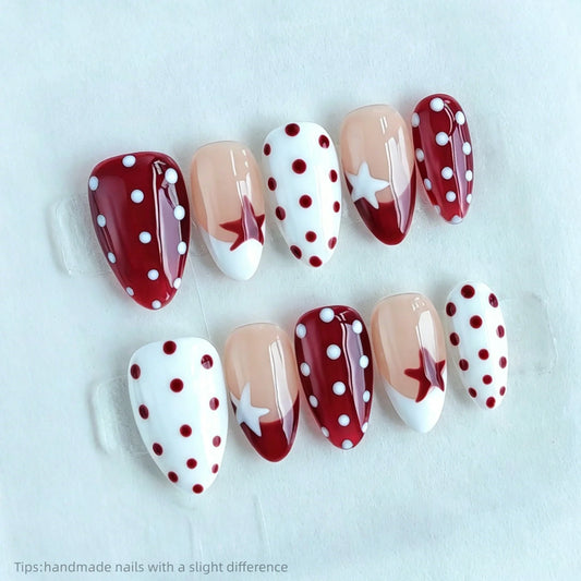 10pcs Handmade Red White Polka Dot Star Press On Nails Almond Short  Sweet Cute Fake Nails French Tip Decor False Nails