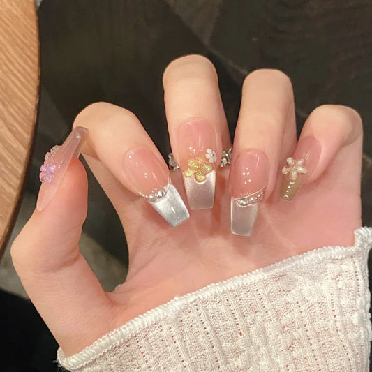 10Pcs Long Handmade Press On Nails Full Cover Rhinestone Design French Ballet Cat Eye Fake Nails Wearable Manicure Nail Tips Art
