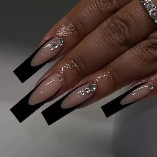 24Pcs 3D Flower White Edge French False Nails Long Ballet Press on Fake Nails with Rhinestone Reusable Full Cover Nails Tips Art
