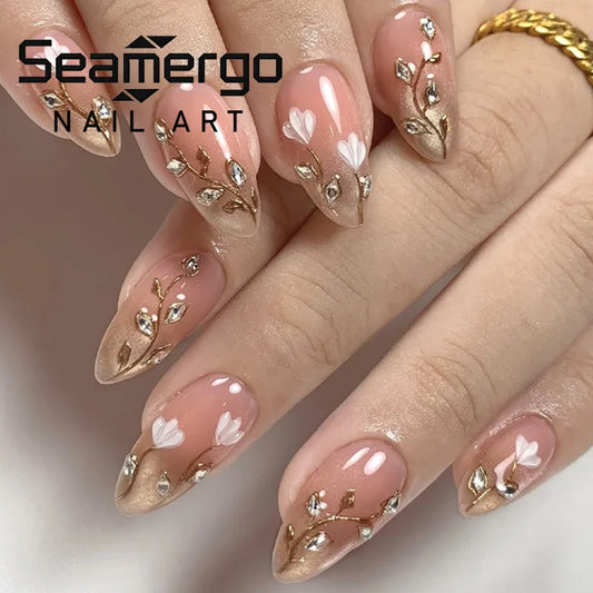 24PCS Nude Gold Gradient Press on Nails Almond Fake Nails with Flower Leaf Rhinestone Details Elegant Luxury Nail Art for Women