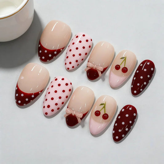 30Pcs Fake Nails Sweet Pink French Polka Dots Bows and Playful Cherries—Press-On Nails Perfect as Gifts for Girls and Friends