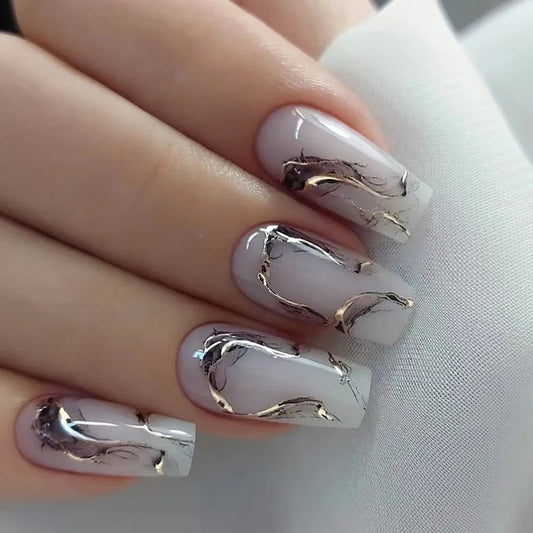 24pcs Mid-length Ballet False Nails Art Black Smudge Full Cover Nail with Golden Design Square Press on Nails Reusable Fake Nail