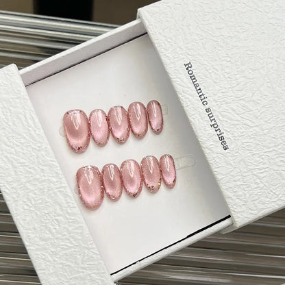 Halo – Pink Cat Eye Glitter Medium Oval Press-On Nails