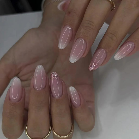 24pcs Simple French Fake Nails Art Gradient Pink Short Almond False Nail White Tips Press on Nails Shiny Powder Design Manicure