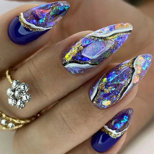 24pcs Wearable False Nails Finished French Leopard Print Almond Press on Nails Tips with Starlight Design Fake Nail Art Manicure