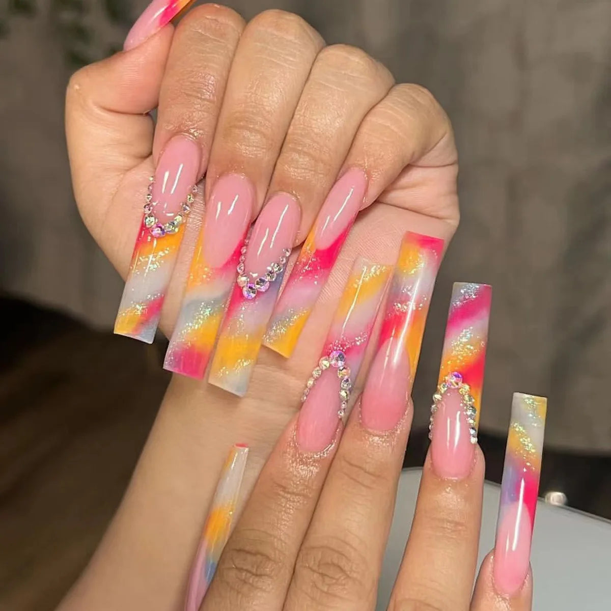 24Pcs Long Square Head Press on False Nails French Colorful 3D Flower Butterfly Design Fake Nail Reusable Full Cover Nails Tips