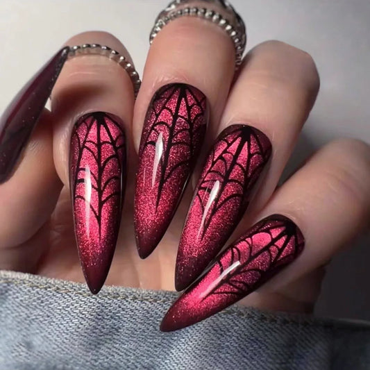 24Pcs Long Almond Nails Set Press on Red Cat's Eye Spider Web Design Fake Nails Halloween Detachable Full Cover False Nails Tips