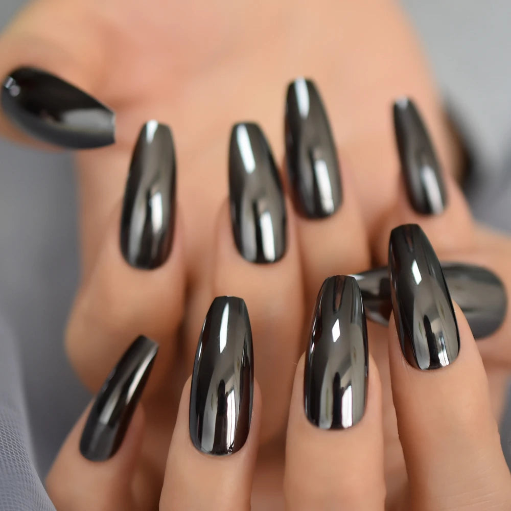 Silver Coffin Fake Nails Long Ballet Metallic False Nail Tips Solid Color Mirror Press On Nails Art Manicure At Home Salon Tools