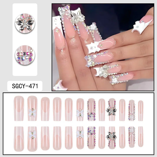 24pcs Flash Butterfly Rhinestone Press On Nails Ins White Edge French Style Long Coffin Fake Nails Bows Decor Ballet False Nail