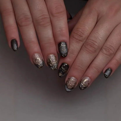 24pcs French Press on Nails Tips Wearable Sweet Flower Gilded Design Full Cover Nail Art Short Almond Fake Nails Sets False Nail