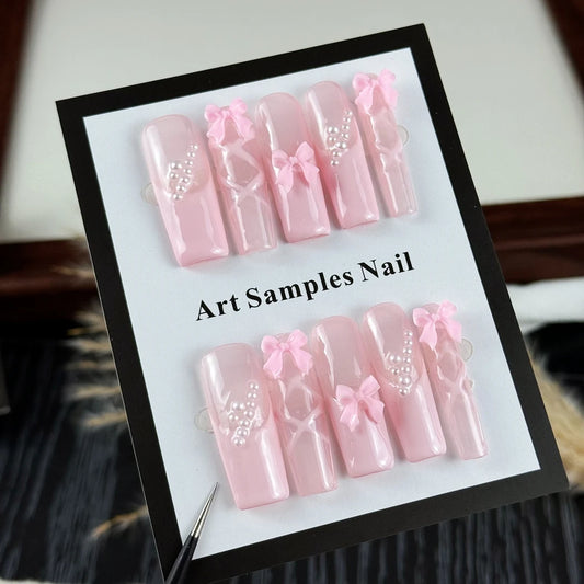 10pcs high-end Pink girl style, hand-painted three-dimensional bow, shiny small pearls handmade fake nails