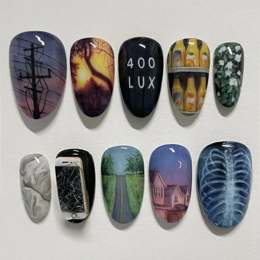 24pcs Glossy Almond Fake Nail Patches Full Cover Acrylic Material False Nails With Highway Dusk Bones Designs Press On Nail