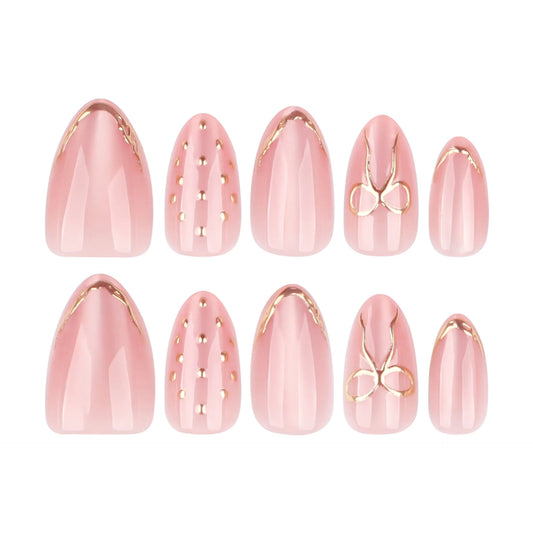 24PCS Sweet French False Nails Nude Pink Almond Press on Nails Gold Bow Line Crystal Studded Minimalist Elegant Style Reusable