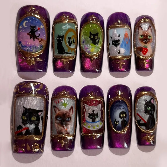 24pcs Sweet Cool Spicy Girl False Nails Cute cartoon Magic Cat Designs Y2k Press On Nails Purple Long Square Shape Fake Nail