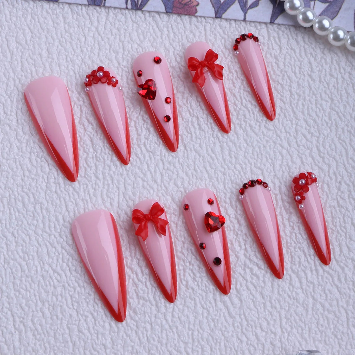 24PCS Red Bow Red False Nails Love Gemstones Stiletto Press on Nails Valentines Day French Tip Design High End Daimond Manicure