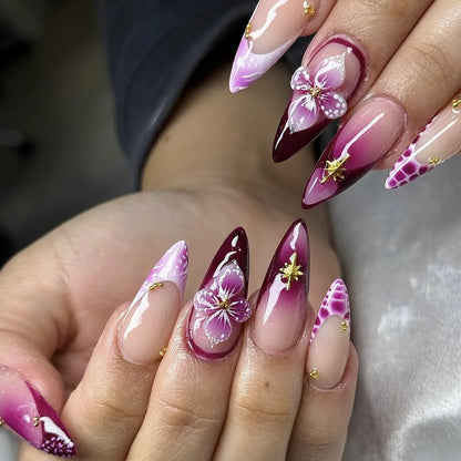 24Pcs Mid-length Almond Reusable Press on Fake Nails 3D Golden Flower Full Cover Nails Tips Wine Red Edge French False Nails Art