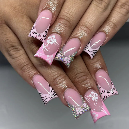 24Pcs Mid-length Duckbill Fake Nail Pink Leopard Print French Press on False Nails 3D Flower Rhinestone Detachable Manicure Tips