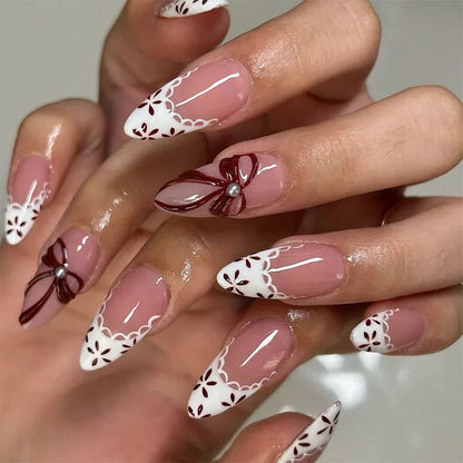 24pcs Fashion French White Fake Nails Sets Sweet Flower Long Almond False Nail Art Wearable Bow Pearl Design Press on Nails Tips
