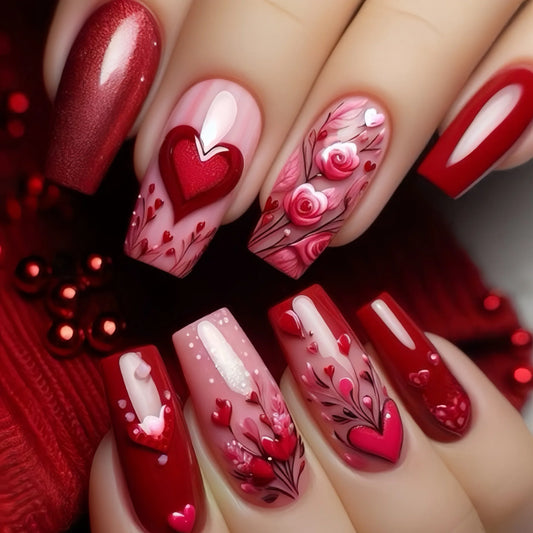 24pcs Mid-length Ballet False Nails Art Spring Summer Red Love Flower Design Press on Nails Sets Datachable Square Fake Nail Tip