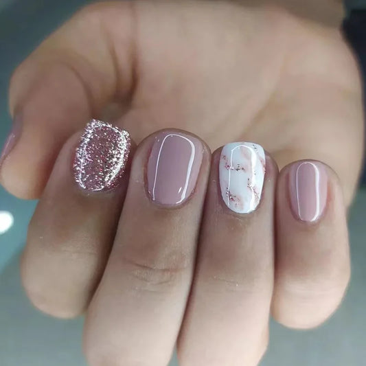 24pcs Pink Short Square Nails Sets Press on Smudge Shiny Powder Design False Nails Wearable Fashion Glitter Ballet Fake Nail Tip