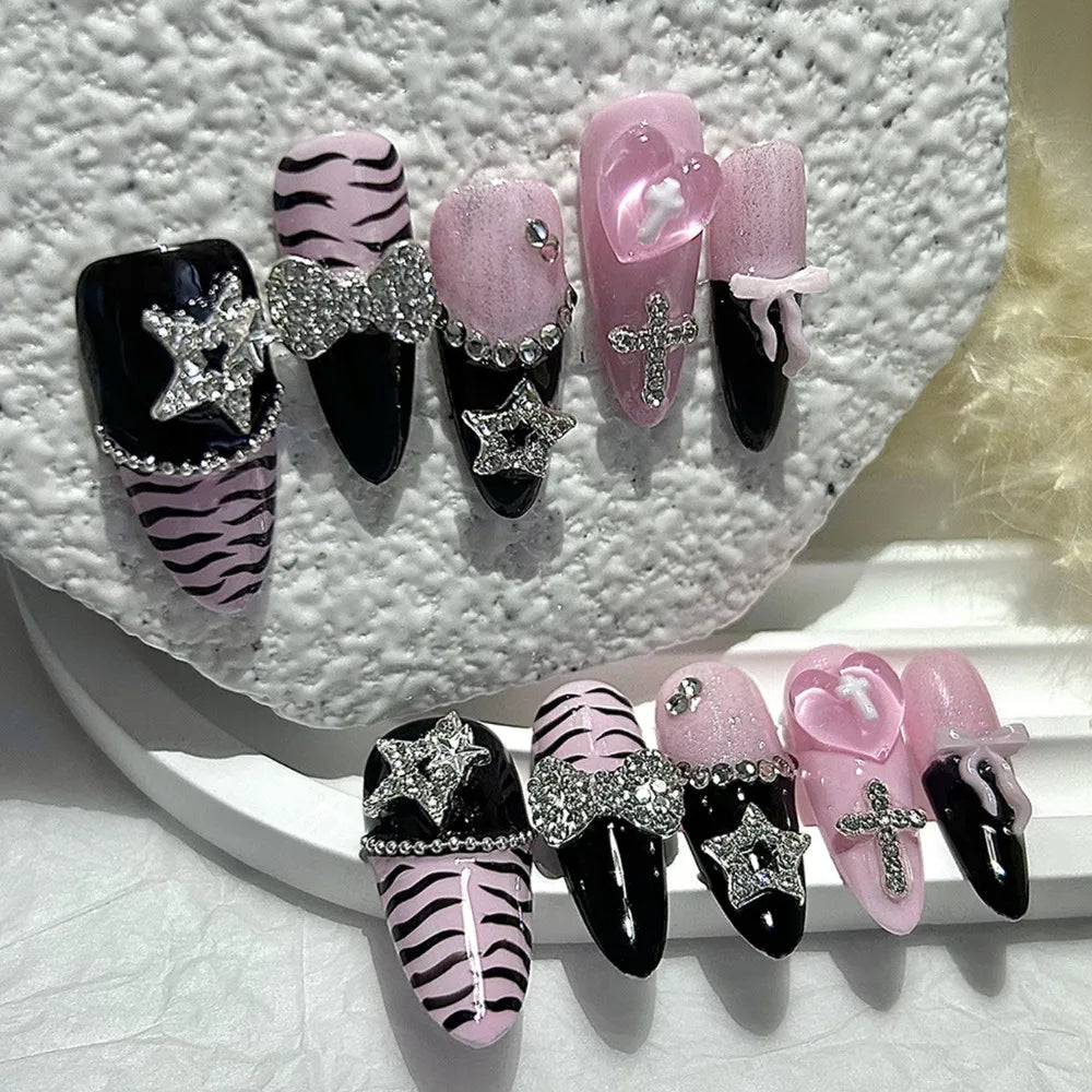 Y2K Baddie Gyaru Black Pink Long Tip French Press On Nails Jirai Nail 3D Bow Star Cross Love Zebra Print Yami Kawaii Fake Nails