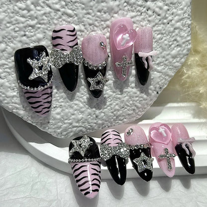 Y2K Baddie Gyaru Black Pink Long Tip French Press On Nails Jirai Nail 3D Bow Star Cross Love Zebra Print Yami Kawaii Fake Nails