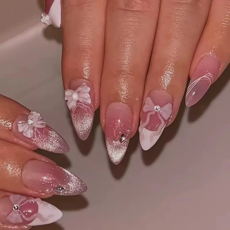 24Pcs Light Blue Smudge Fake Nails Press on Almond Gold Leaf Removable Long Full Cover Nail Tips Wearable Finished Nail Art