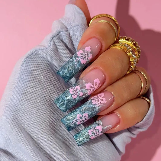 24pcs Shiny Ripple Press on Nails Ocean Blue Gradient French Tips Square Fake Nail Pink Flower Design False Nail Simple Manicure
