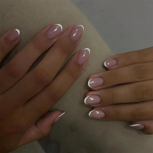 Simple French Yellow Almond Fake Nails Art Stiletto False Nails Charms Glitter Classic White Square Pointed Press on Nails Tools