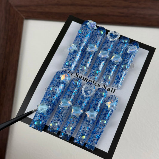 10pcs high-end Luxury-luxurious style design, hand-painted three-dimensional stars, hearts, and dazzling blue sequins handmade