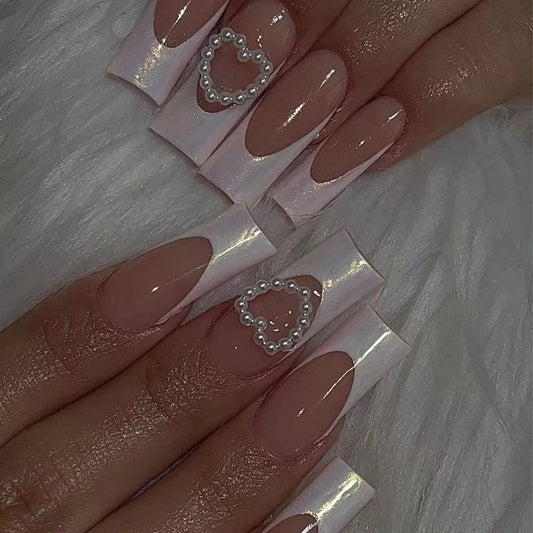 24Pcs White Stripe French Press on Nails Mid-length Square Head False Nails Full Cover 3D Bow Pearl Heart Reusable Fake Nail Tip